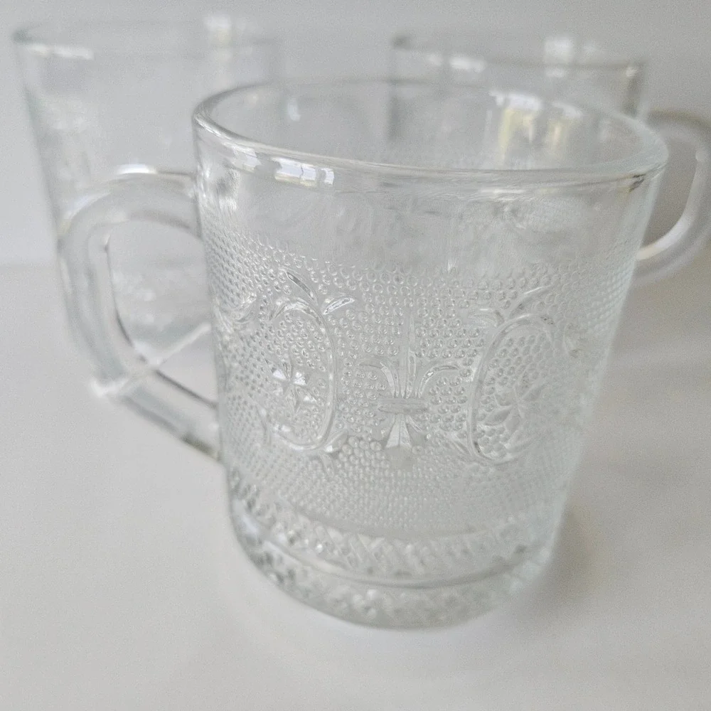 Vtg KIG Malaysia Fleur De Lis Glass Mugs - SET of 3